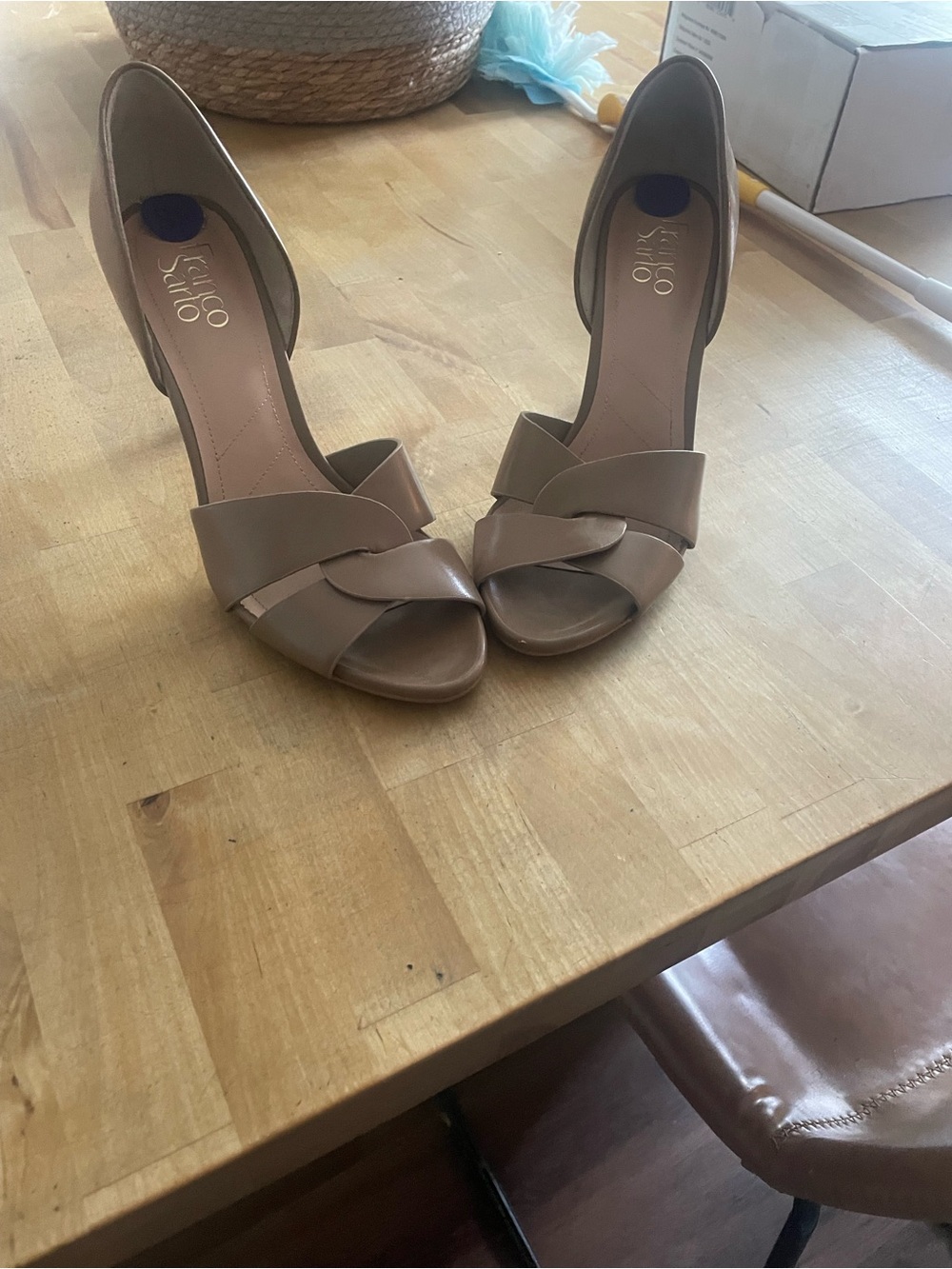 Franco Sarto Tan Open-Toe D'Orsay Heels with Knotted Front